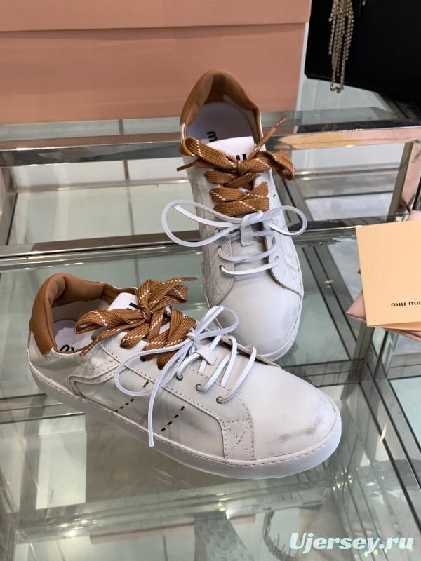 2025 Women Miu Miu White Brown Leather Sneakers LY00290
