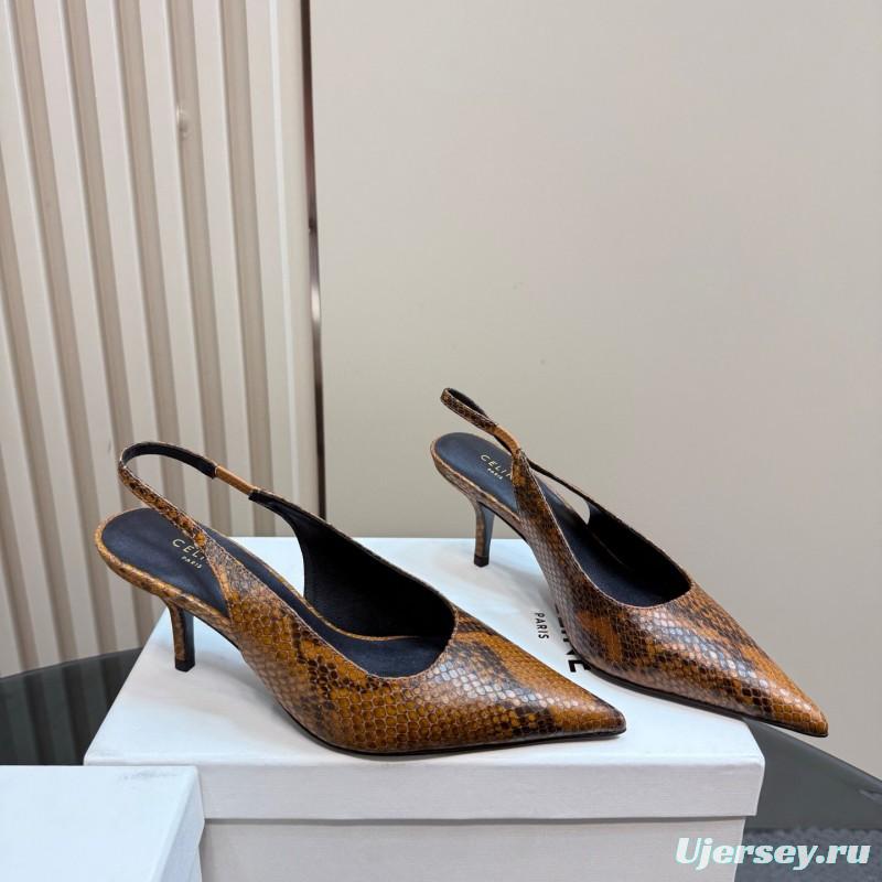2025 Women Celine Brown Snakeskin Leather Slingback Heels