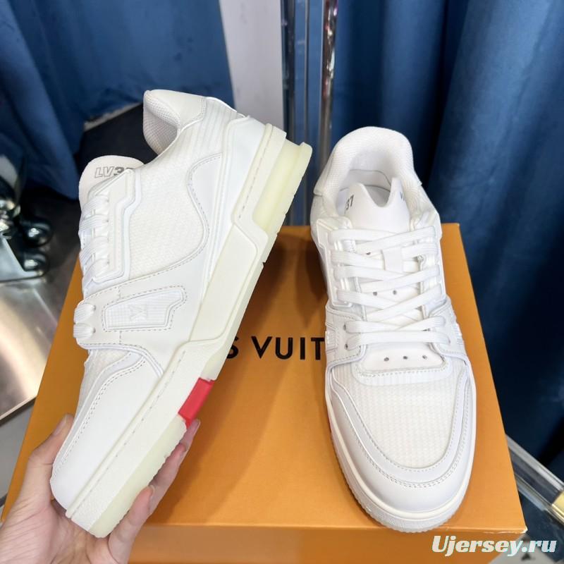 2025 Unisex Louis Vuitton White Calf Leather Mesh Trainer TPU Plimsolls Goodyear Welt