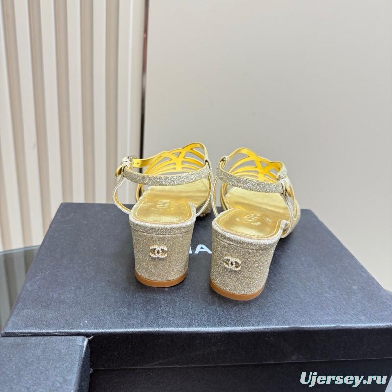 2025 Women Chanel Gold Leather Sandals KFY00290