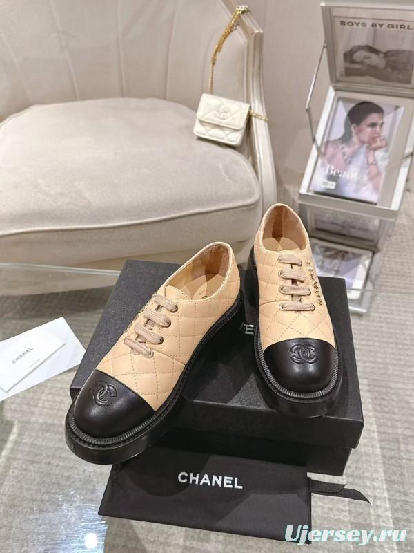 2025 Women Chanel Beige Black Leather Platform Oxford B2099