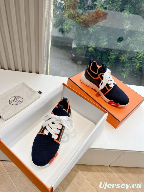 2024 Unisex Hermès navy orange knit leather sneakers