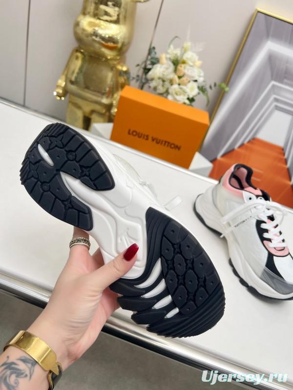 2025 Women Louis Vuitton White Black Pink Leather Mesh Sneakers LY00340