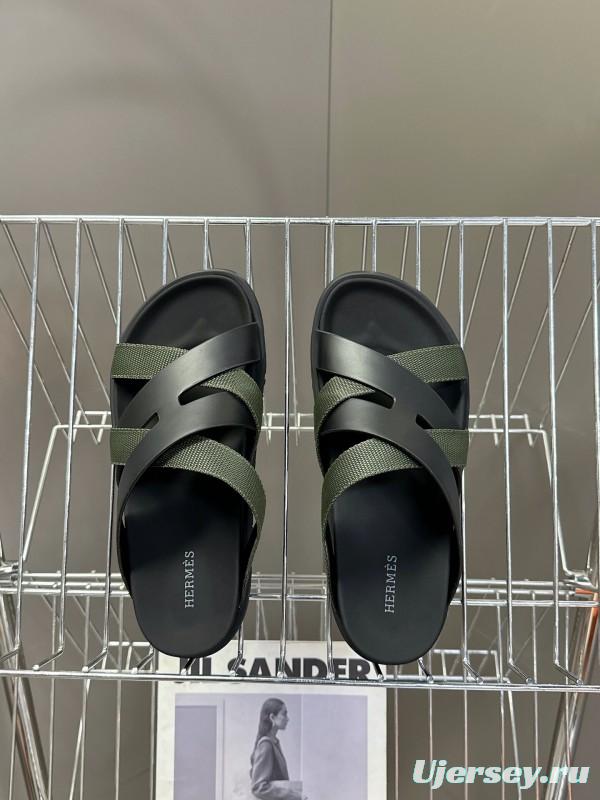 2025 Slippers Hermès Black Green Leather Fabric Slippers