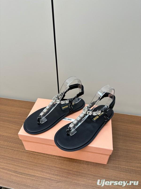 2025 Women Miu Miu Black Leather Rhinestone Sandals LY