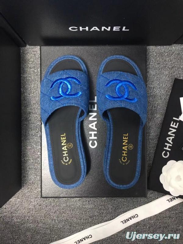 2025 Women Chanel Blue Fabric Slippers LY00000