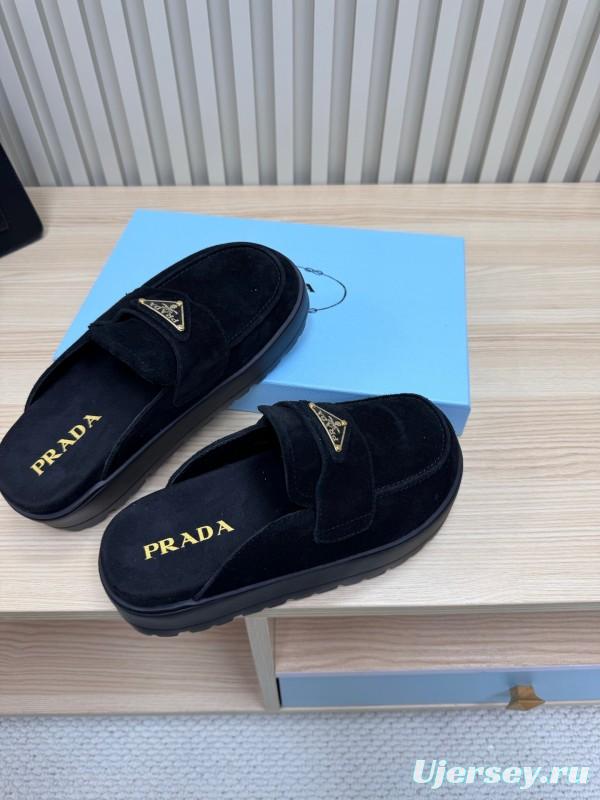 2025 Women Prada Black Suede Loafers Slip-On KFY00280
