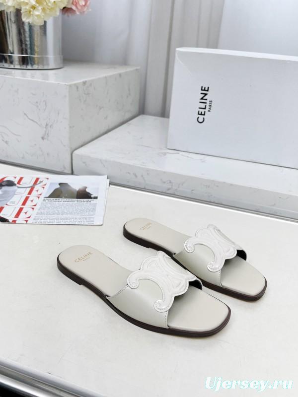 2025 Women Celine White Leather Slippers