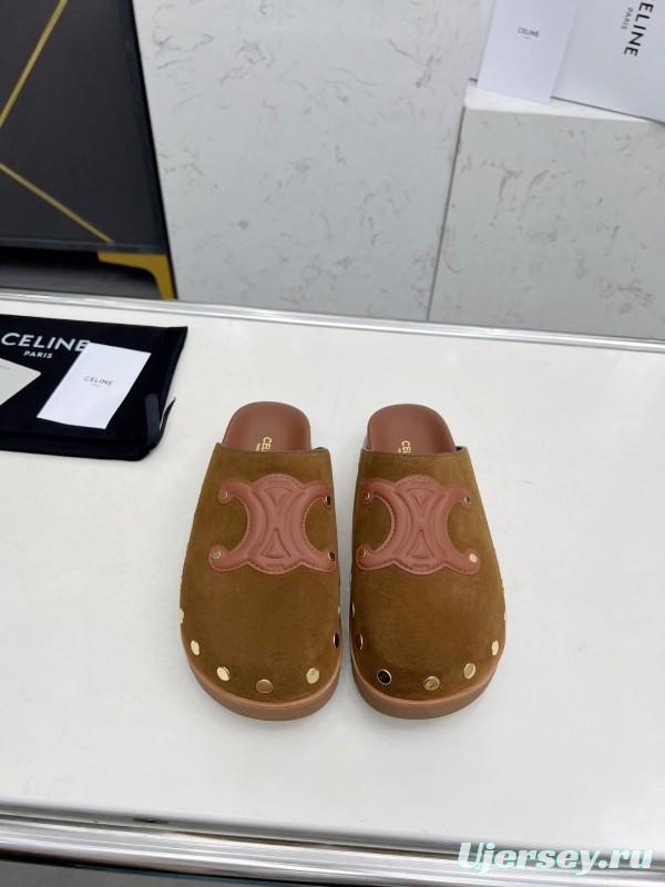 2025 Slippers Celine Brown Pink Suede Leather Studded LY00240