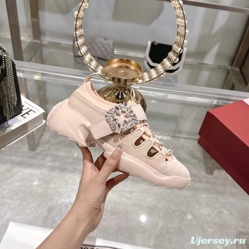 2025 Women Roger Vivier Pink Knit Suede Sneakers Crystal Buckle LY00300