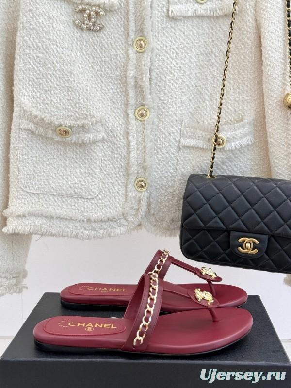 2025 Women Chanel Red Lambskin Chain Sandals KFY00250
