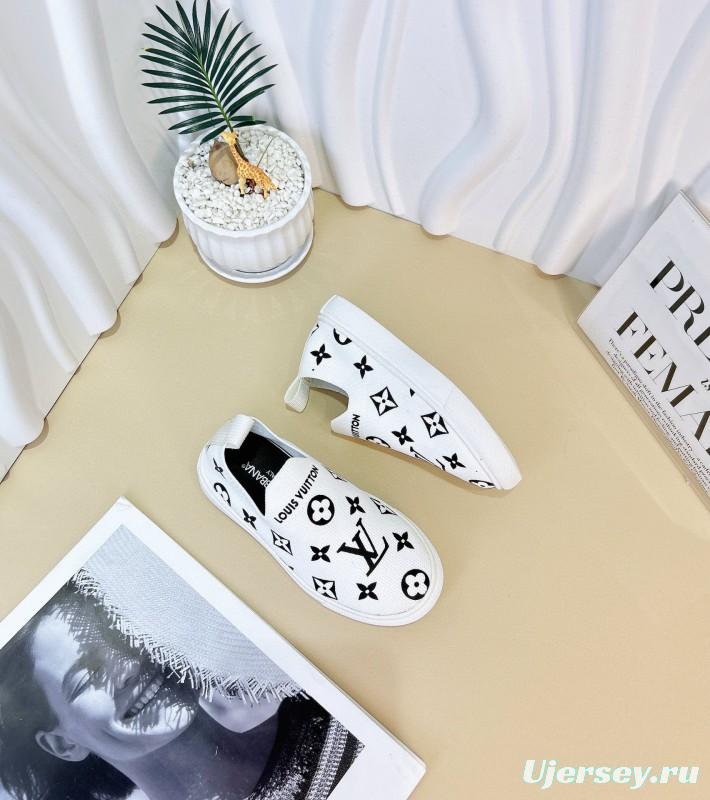 2024 Kids Louis Vuitton White Black Pink Canvas Slip-On Sneakers