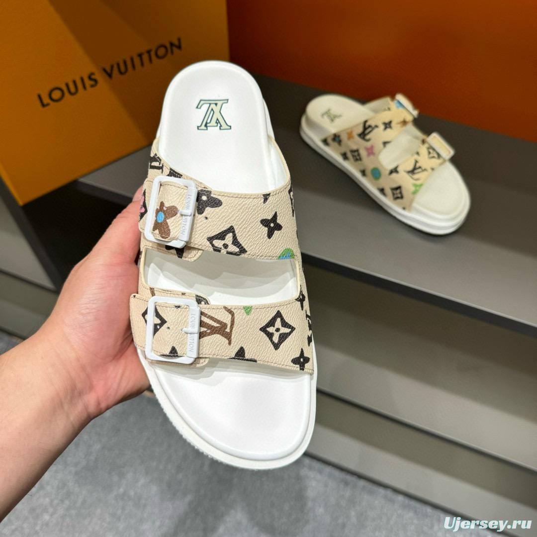 2024 Slippers Louis Vuitton Beige Multicolor Leather Slippers