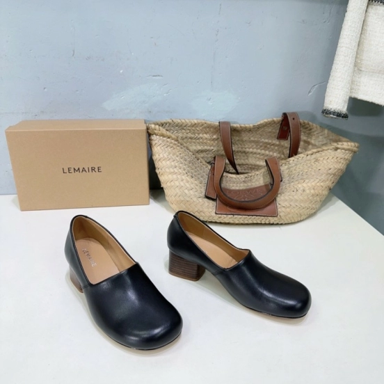 2025 Women LEMAIRE Black Leather Block Heel Shoes