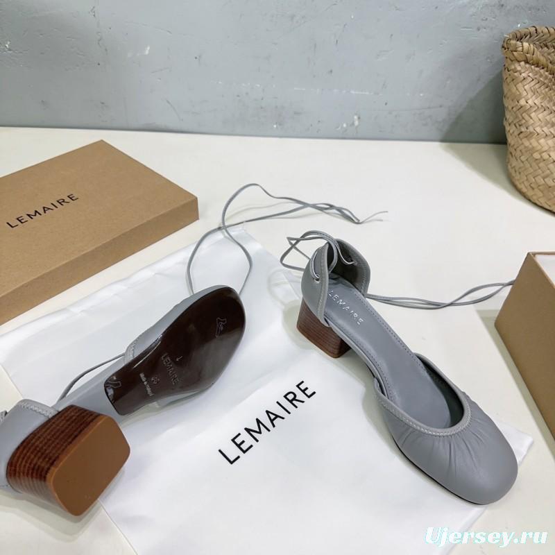 2025 Women LEMAIRE Light Grey Leather Mary Jane Block Heel KFY00300