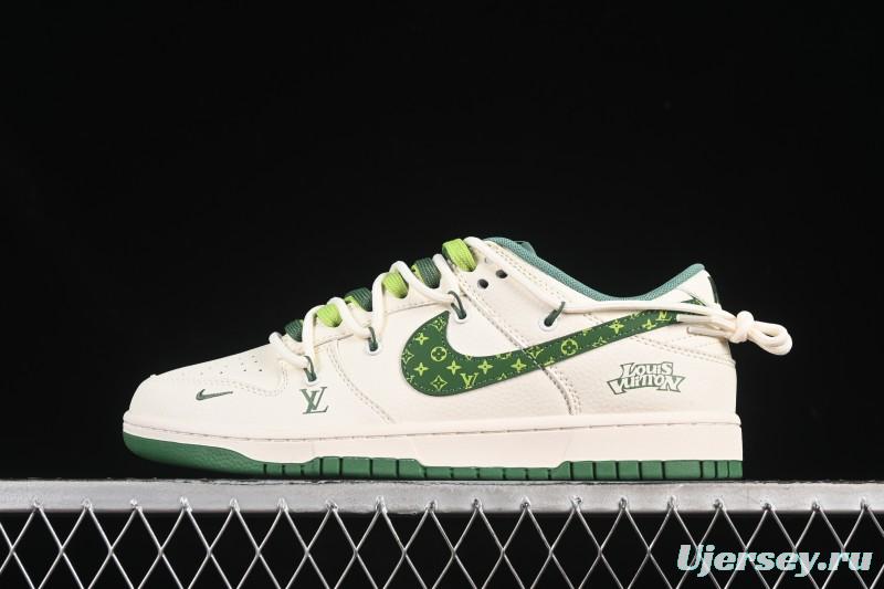 Nike SB Dunk Low LV Collaboration Strap Pattern Green Swoosh Anniversary High-End Custom Low-Top Casual Skate Shoes - DM6868-075