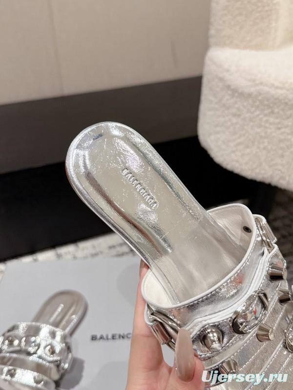 2025 Slippers Balenciaga Silver Leather Metal Buckle KFY00289