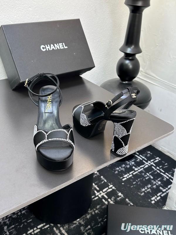 2025 Women Chanel Black Fabric Leather Rhinestone Platform Sandals KFY00320
