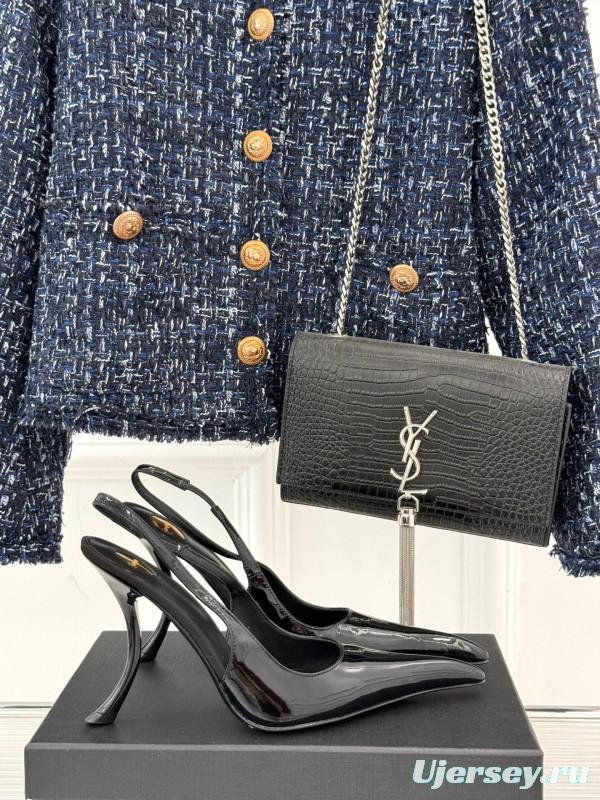 2025 Women YSL Black Patent Leather High Heel Slingback KFY00290