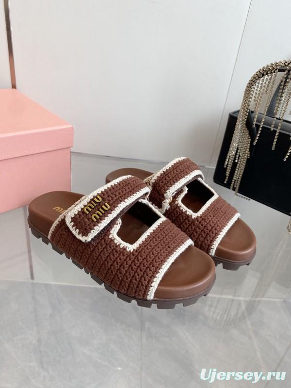 2025 Miu Miu Brown White Crochet Slippers KFY00290