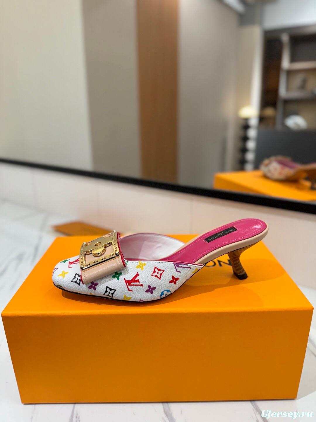 2025 Women Louis Vuitton White Pink Leather Mules