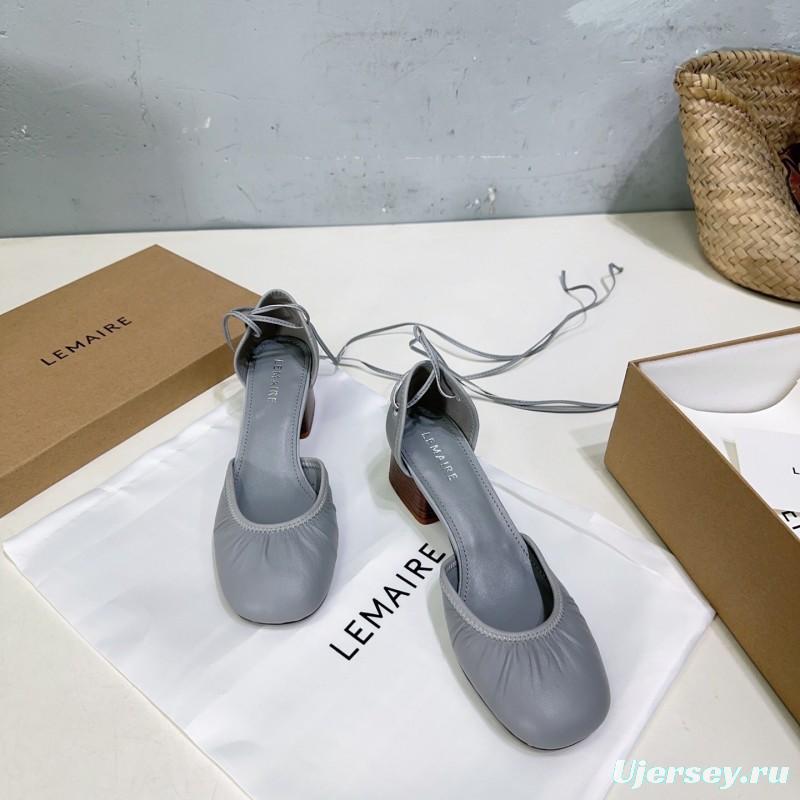 2025 Women LEMAIRE Light Grey Leather Mary Jane Block Heel KFY00300