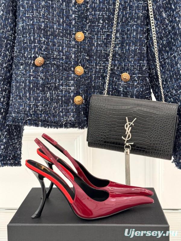 2025 Women Yves Saint Laurent Burgundy Patent Leather Slingback Heels