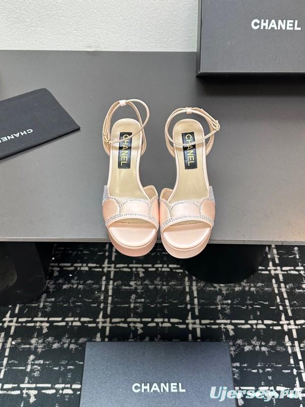 2025 Women Chanel Pink Satin Rhinestone Platform Sandals KFY00320