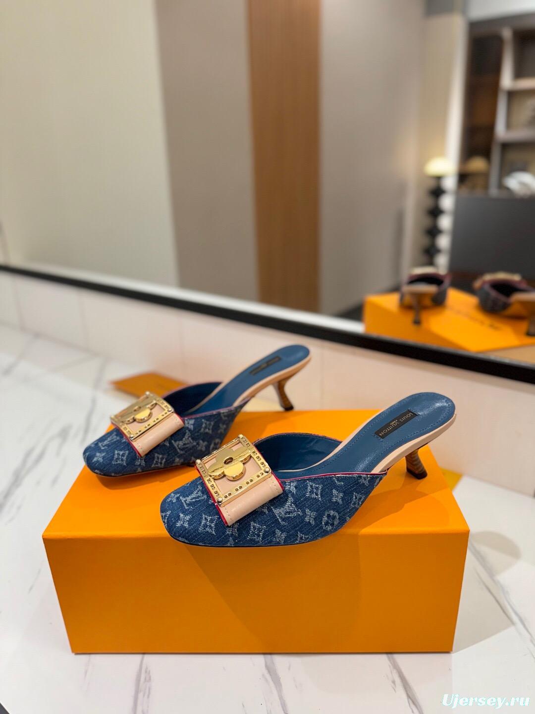 2025 Women Louis Vuitton Blue Denim Leather Mule Hardware KFY00320