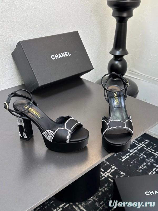 2025 Women Chanel Black Fabric Leather Rhinestone Platform Sandals KFY00320