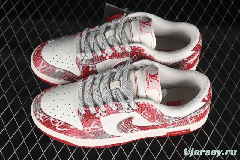 Nike SB Dunk Low LV Collaboration Grey Red Denim Anniversary High-End Custom Low-Top Casual Skate Shoes - SC9772-809