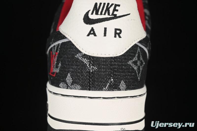 Nike Air Force 1 '07 Low LV Collaboration Black Denim Red Swoosh Casual Sneakers - LW9279-001