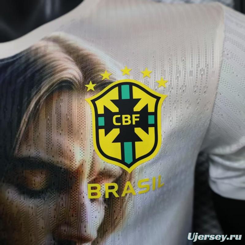 Player Version 2025 Brazil White with Jesus Praying Portrait Jersey