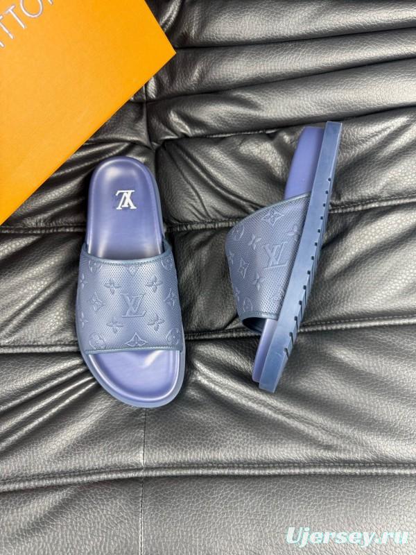 2025 Men Louis Vuitton Blue Leather Slippers AS00170