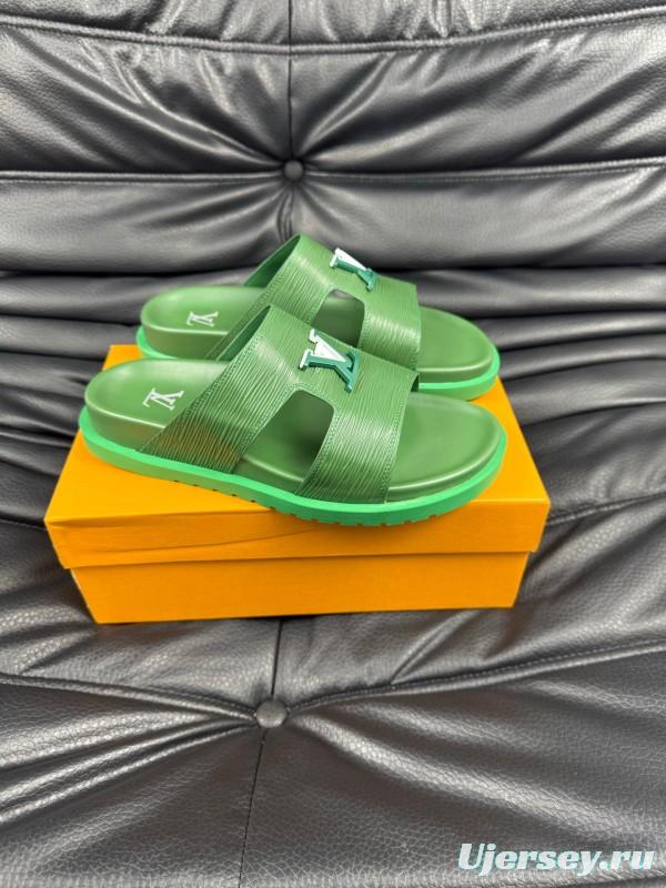 2025 Men Louis Vuitton Green Leather Slippers AS00170