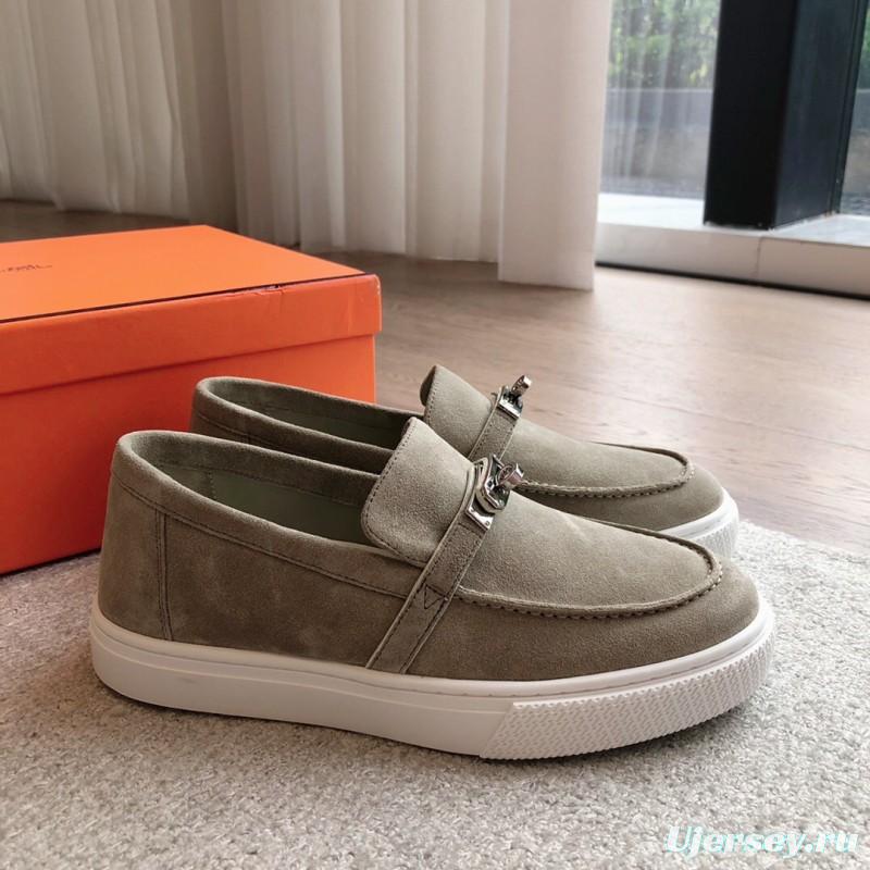 2025 Unisex Hermès Khaki Suede Leather Loafers AS00380
