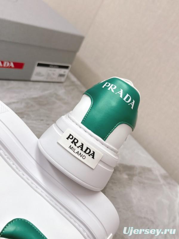 2025 Unisex Prada White Green Calf Leather Sneakers KFY00290