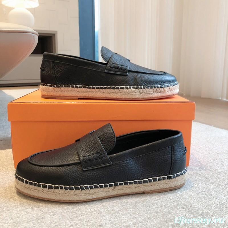 2025 Unisex Hermes Black Leather Loafers AS00380