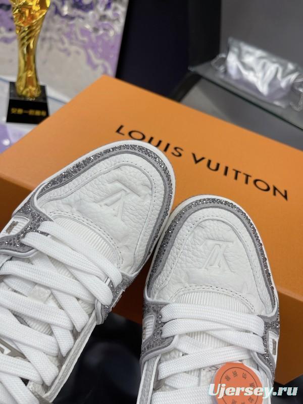2025 Unisex Louis Vuitton White Silver Leather Fabric Plimsolls Handcrafted Crystals AS00400