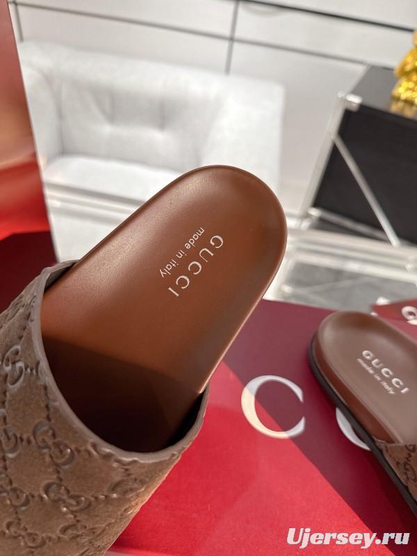 2025 Unisex Gucci Brown Leather Slippers Top Version AS00240