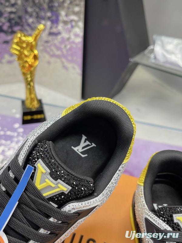 2025 Unisex Louis Vuitton Black Grey Yellow Leather Fabric Plimsolls Handcrafted Rhinestone AS00400
