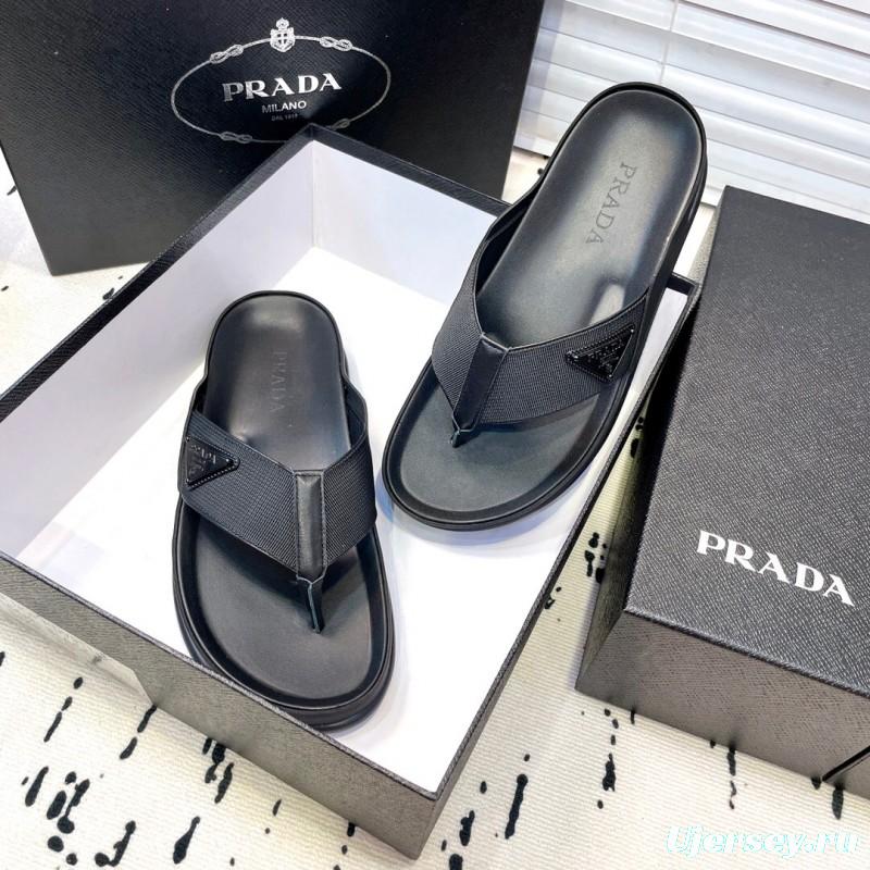 2025 Men Prada Black Fabric Leather Sandals Logo KFY00230