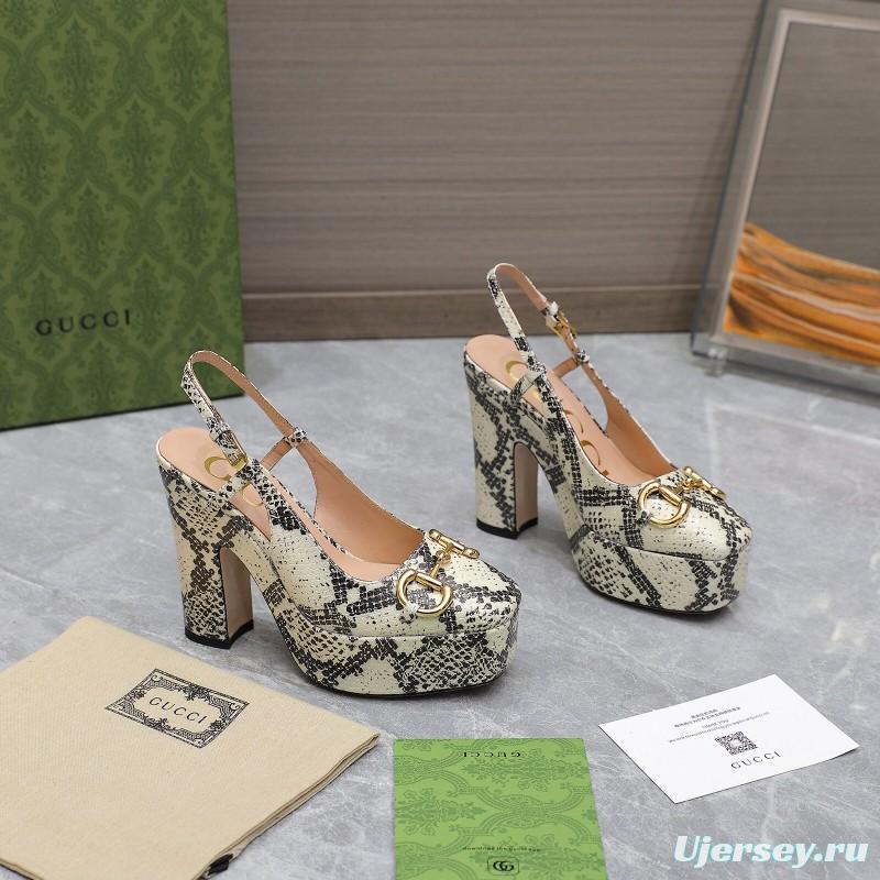 2025 Women Gucci Beige Black Leather Platform High Heels KFY00320