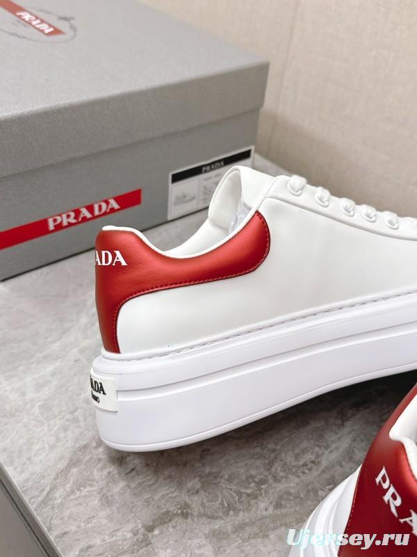 2025 Unisex Prada White Red Calf Leather Sneakers KFY00290