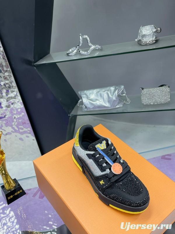 2025 Unisex Louis Vuitton Black Grey Yellow Leather Fabric Plimsolls Handcrafted Rhinestone AS00400