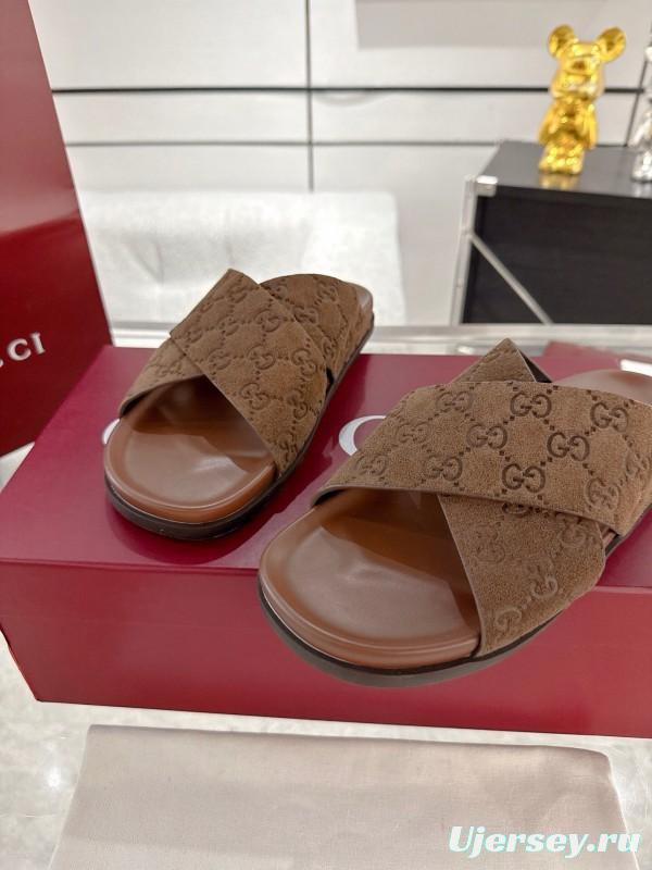 2025 Women Gucci Brown Suede Slippers GG Embossed AS00240