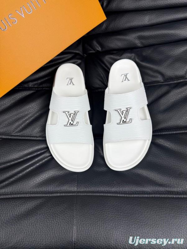 2025 Men Louis Vuitton White Leather Slippers AS00170