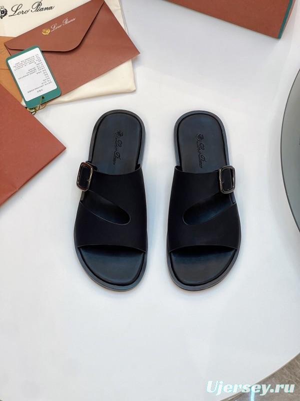 2025 Men Loro Piana Black Leather Slippers Buckle AS00250