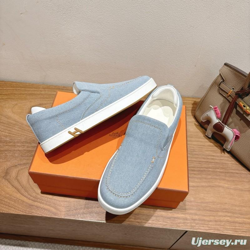 2025 Unisex Hermès Light Blue Canvas Leather Loafers AS00380