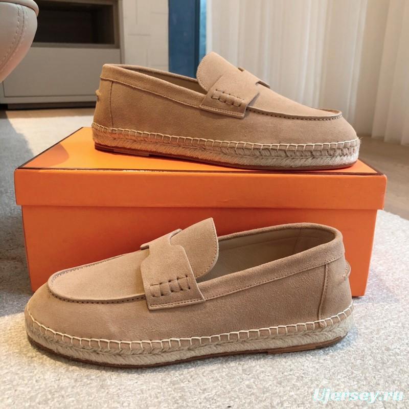 2025 Unisex Hermès Beige Calfskin Suede Loafers AS00380